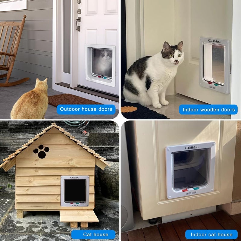 CEESC Cat Flap Door Magnetic Pet Door with 4 Way Lock for Cats, Kitties and Kittens, 3 Sizes and 2 Colors Options (M- Inner Size: 6.18"(W) x 6.30"(H), White) - Image 3
